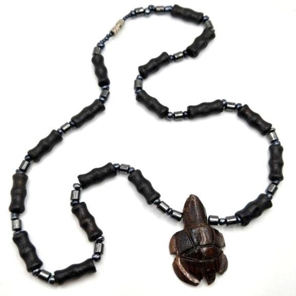 Vintage Hand-Carved Wooden Turtle on Ebony‎ Wood and Hematitie Beaded Necklace